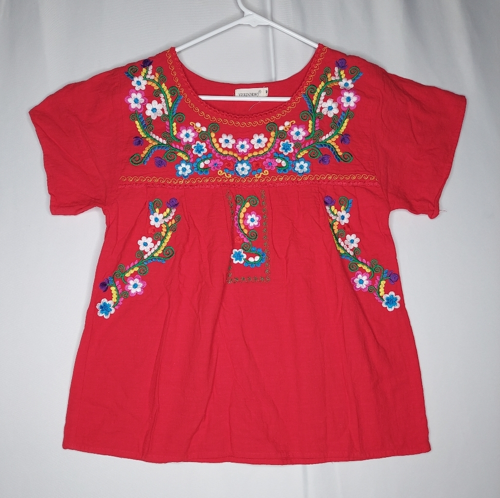 YZXDORWJ Top Medium Red Embroidered Floral Mexican Multicolor Peasant‎ Boho